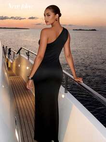 Đầm maxi đen thanh lịch không tay, cạp cao dành cho nữ, trang trí hoa kim loại, thiết kế xẻ tà, thích hợp cho các bữa tiệc mùa hè, các dịp trang trọng và kỳ nghỉ. - màu đen - Xem 2