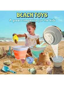 11pcs Kids Beach Toy Set - Foldable Bucket (Green/Orange) With Shovel, Star/Animal Shaped Molds (Turtle/Crab), Sieve And Rake, Random Accessory Colors, Sand And Water Play Tools, Outdoor Travel, Early Learning Beach Toys, Suitable For Girls Boys Birthday/Holiday/Summer/Beach Holiday Gift - Multicolor - View 11