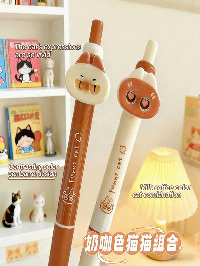 1/2/3/4pcs Blinking Siamese Cat Retractable Ballpoint Pens, Cute & Fun, 0.5mm Quick-Drying Ink, Black Pen, Sponge Grip, High-Quality Stationery For Students