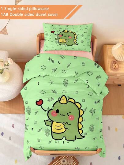 2PCS Toddler Bedding Set Green Dinosaur Duvet Set(Four Season Collection) Double-Faced Duvet Cover Set For Baby Children'S Machine Washable Suitable For Newborn Beds Crib Giving Gifts During Holidays (1 Single-Sided Printed Pillowcase+1 Double-Sided Printed Duvet Cover,No Filling Material) The Pillowcase Is Single-Sided Printed And Measures 40x60cm 100% Polyester