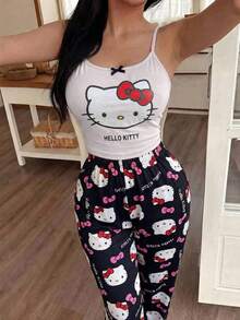 SANRIO 2件組女款可愛印花舒適吊帶背心+長褲套裝，吊帶背心適合春、夏、秋季穿著 - 白色 - 查看 2