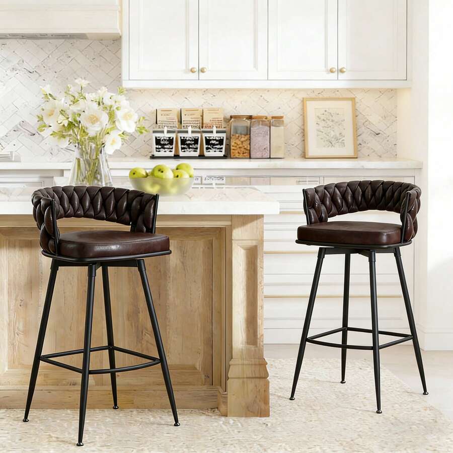 DYHOME Bar Stools, Set Of 2, With Woven Backrest And Foot Cushions, Swivel, PU Leather Cover, Seat Height 79 Cm, Suitable For Kitchen, Dining Room Or Bar Counter - Black - View 1