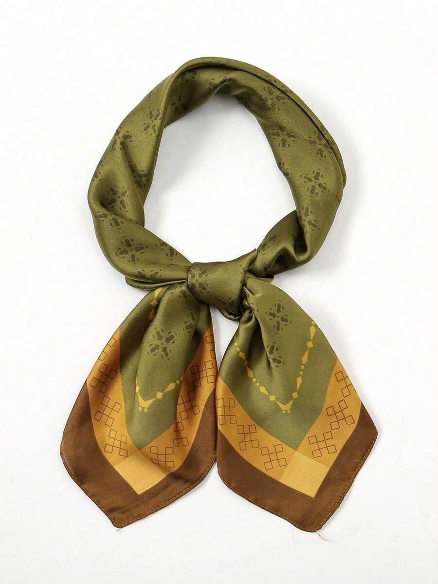 1pc Cherry Blossom, Leaf & Polka Dot Printed 70cm Small Square Scarf, Versatile Necktie/Headband - Multicolor - View 1