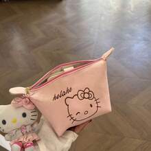 SANRIO 新款麂皮刺绣猫耳化妆包，可爱便携大容量化妆包，粉色和棕色 - 查看 2