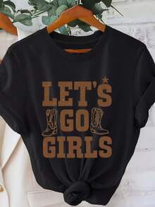 Camiseta vaquera occidental para mujer, camiseta estampada de cuello redondo, top informal de manga corta - Negro - Ver 6
