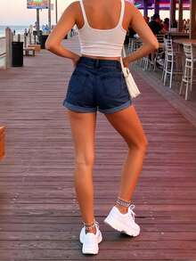 Women's Summer Denim Shorts, Fashionable New Rolled Hem Stretchy Ladies Denim Shorts Casual - Dark Wash - View 3