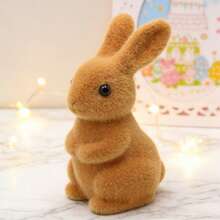 Easter Flocked Bunny Decor Cute Moss Rabbit Figurines Desktop Decorations For Living Room Farmhouse Home - Brown - View 5