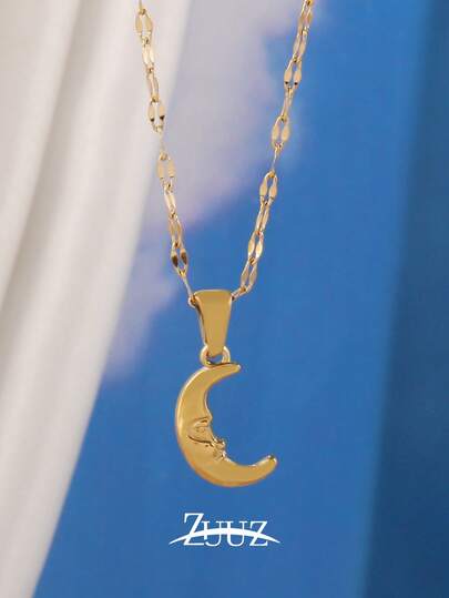 1件装时尚不锈钢项链，女士月亮吊坠项链，日常装饰饰品