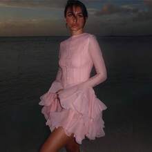 New Spring/Autumn Style Niche Design Button-Up Long-Sleeved Dress With Puff Print And Ruffles For A Slimming Look - Pink - View 2