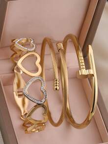 3 件时尚不锈钢高品质花朵锆石女士指甲手镯首饰套装，适合日常佩戴 - 金色 - 查看 5