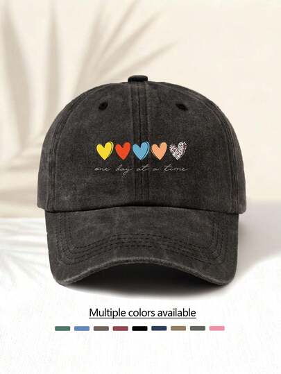 1顶水洗棒球帽，印有“5颗彩色爱心”图案，复古美式时尚休闲百搭装饰帽，男女皆宜，四季皆宜的必备时尚单品