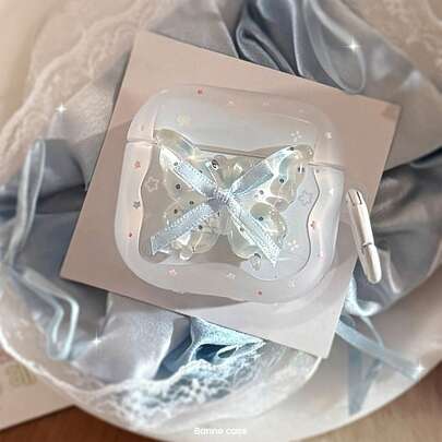 GUCADI 1pc Translucent Star Blue 3D Floral Butterfly + White Hanging Ring Ice Transparent Blue Butterfly Apple 4th Gen Bluetooth Earphone Case, Pro 2 Delicate Fresh 3rd Gen 1 Hanging Ring Gentle