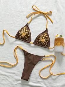 ROMWE Avant 性感复古棕黄刺绣比基尼套装 - 三角上衣 + 侧系带泳裤 | 欧洲博主风沙滩度假泳装夏季 - 棕色 - 查看 3