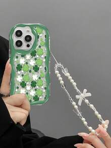 2D圣帕特里克节三叶草图案透明亮面软壳手机壳，带蝴蝶结挂绳，兼容 16 XR /7/8、15 Pro Max/12 Pro Max/13 Pro Max/14 Pro Max、13 14 11 12p 14 P11 P12、A134G A22 A21S A514G A52 S22 Ultra A335G - 白色 - 查看 5