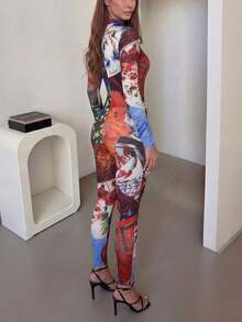 Mono estampado de manga larga y cuello redondo DOUCIU, ajustado, para eventos de discoteca - Verde - Ver 2