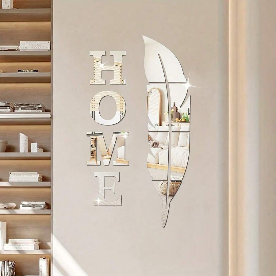 10片装3D镜面墙贴,优雅羽毛和“HOME”字母图案,可移除现代设计镜面墙贴,适用于卧室、客厅、办公室家居装饰、墙面装饰、春季装饰,为您的家增添活力,带框装饰贴纸,房间装饰,墙镜装饰,浴室装饰,客厅装饰 - 彩色 - 查看 1