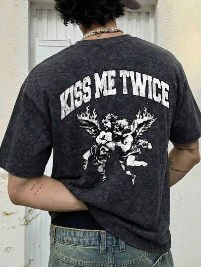  Fractyr 男士时尚休闲街头摇滚说唱宽松短袖T恤 | 天使印花 | 精致设计 | 春夏必备 | 复古风 | 百搭易穿，做旧水洗棉面料 | 送朋友的完美礼物 | 展现你的独特个性