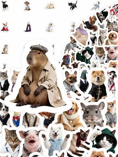 70 stuks grappige stickers van verklede dieren, schattige huisdieren in mensenkleren, waterdicht voor waterflessen, dagboeken, scrapbooking en kantoorartikelen.