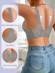 Grey Sexy Lace Supportive Wireless Bra, Comfortable Lift-Up Bra For Women - Grey - View 3