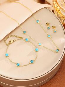 4件套不锈钢闪亮波西米亚风项链、手链、耳环套装，日常佩戴 - 薄荷藍 - 查看 6