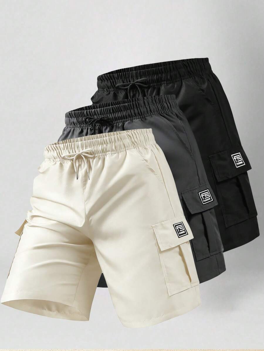 男士修身工装短裤，多口袋字母印花功能性休闲直筒裤 - 米色 - 查看 1