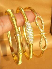3pcs Gold-Plated Bangle Set | Bow & CZ Textured Bracelets | Bohemian Luxury Jewelry For Women - Multicolor - View 2