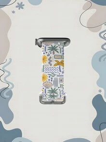 1条贝壳花棕榈树图案柔软弹性透气替换表带，兼容三星、荣耀智能手表，尺寸可选38mm、40mm、41mm、42mm、46mm、45mm、44mm、49mm，适合海滩度假，印花图案日常休闲硅胶表带，兼容苹果手表Ultra SE/11/10/9/8/7/6/5/4/3/2/1 - 彩色 - 查看 4