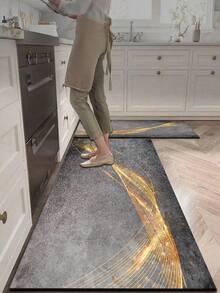 1pc Silica Gel Kitchen Mat, Luxury Gold Veined Pattern With Distressed Gray Base, Flowing Gold Lines And Scattered Sparkles Presenting A Dynamic Modern Art Aesthetic, Surface Fabric Material, Middle Sponge Absorbent Material, Bottom Rubber Material Anti-Dirty Waterproof Kitchen Rug And Carpet - Multicolor - View 2