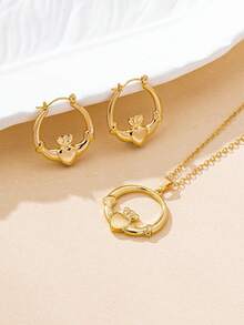 3 pièces Set de bijoux pendentif collier et boucles d'oreilles avec cœur creux et cercle, accessoires en métal minimalistes et polyvalents, convenant pour le port quotidien et les festivals pour femmes - Or jaune - Voir 3