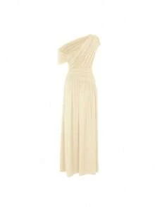 Women's Clothing 2026 Summer New Fashion Sexy Slanted Collar Pleated Irregular Solid Color Dress - 杏色 - 查看 8