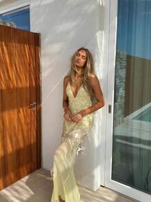 Women's V-Neck Sexy Strapless Backless Slim-Fit Sequined Mermaid Evening Dress - hồng - Xem 6