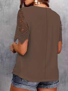 Plus Size Women V-Neck Short Sleeve Lace Patchwork T-Shirt, Summer Vacation Casual - Camel - View 3