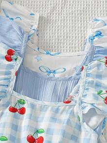 3pcs Young Girls' Summer Casual Dress Set, Featuring Puff Sleeve, Cherry Plaid, Bow Print, Suitable For Vacation, Beach, Outdoor, Daily Wear - Multicolor - View 4