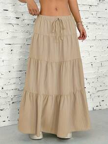 Plus Size Women Solid Color Elastic Waist Tie Patchwork A-Line Long Skirt Summer - Khaki - View 3
