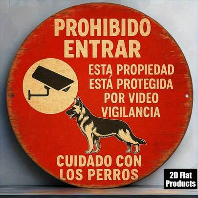 1块8x8英寸2D圆形金属标牌，复古铁艺牌匾，印有“禁止入内，小心恶犬，正在监控”字样，安全警示装饰，适用于庭院、车库、门廊、商店、办公室、别墅、花园等场所，西班牙语，物业出入提示，监控警报装饰，装饰性警示牌，乡村风格，复古金属牌匾，轻便标牌，商业物业管理，预钻孔，尺寸如图所示