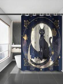 1pc Cat Moon Shower Curtain With Black Cat Silhouette, Crescent Moon, Floral And Butterfly Patterns, Mysterious Design, 70.8x70.8 Inches, With 12 Hooks - E - View 13