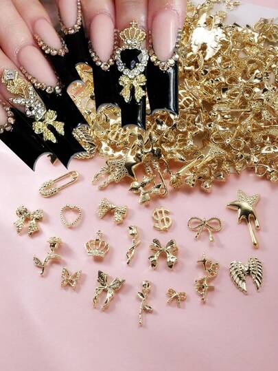 100pcs Mixed Gold Ribbon, Rose, Crown, Heart, Pin, Tulip And Other Styles Nail Art Decorations, Metal Butterfly Nail Jewelry, Luxury Nail Stickers, DIY Nail Art Decorations, Women/Girls Metal Nail Accessories, Nail Art Supplies, Nail Gems
