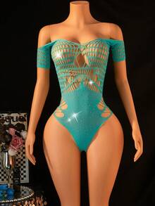 1件装女士性感内衣渔网连体衣，闪亮水钻，镂空透视短袖，性感女孩装扮，比基尼罩衫，性感派对角色扮演服装，情人节 - 薄荷藍 - 查看 1