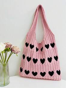 Heart Pattern Knitted Casual Daily Shoulder Bag, Fashionable Matching Crossbody Bag For Women - Multicolor - View 13