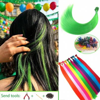 50 Strands Set Colored Synthetic I-Tip Hair Extensions With Tools 20 Inch Rainbow Fake Kanekalon I-Tip Keratin Fusion Feather Hair Extension Strands Of Hair Pieces For Women Girls St. Patrick's Day Festival DIY