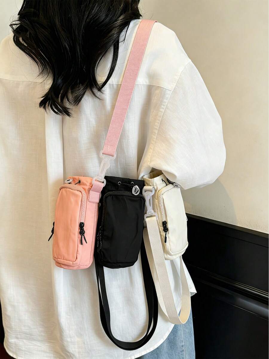 Adjustable Strap Lightweight Durable Water Bottle Holder Bag - Suitable For Hiking, Fitness, Travel And Daily Use Crossbody Bag | With Insulated Main Compartment And Zipper Pocket To Store Phone, Wallet, Keys | Drawstring Design For Hands-Free - Multicolor - View 1