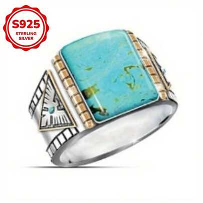 925 Silver Ring, Women's Ring, Men's Ring, Two-Color Turquoise Ring With Geometric Details, Suitable For Southwest Style, Festivals, Unique Gifts, Suitable For Daily And Banquet Wear