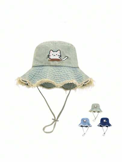 1pc Unisex Letter Embroidered Cat Frayed Washed Minimalist Bucket Hat With Wind Cord, Suitable For Outdoor, Hiking, Fishing, Beach, Cycling, Travel