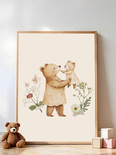 1pc, Canvas Wall Art, Framed Wall Decor, Vintage Mama Bear And Cub Baby Room Decor Painting, Sweet Floral Baby Room Decor, Girls' Room Art, Forest Theme Baby Room Wall Art, Small Animals, Dried Flowers, Children's Gifts, Girls' Room Wall Decor, Boys' Room Wall Art, Baby Products, Baby Room Posters, Suitable For Children's Room Decor, Playroom Decor, Waterproof. Children's Room Decor, Nursery Decor, Daycare Center Decor, Kindergarten Decor, Mother's Day Decor, Gifts For Moms