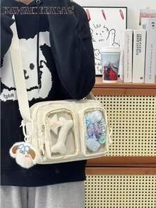 可爱小号斜挎包 女款 双透明口袋 痛包 女孩款 带徽章展示牌 迷你单肩包 钱包 手提包 痛包 夏季包 - 白色 - 查看 1