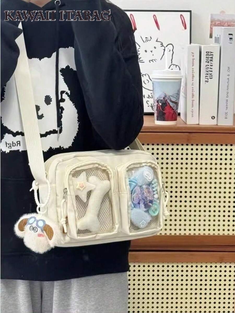 可爱小号斜挎包 女款 双透明口袋 痛包 女孩款 带徽章展示牌 迷你单肩包 钱包 手提包 痛包 夏季包 - 白色 - 查看 1