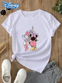 This Disney Women's Round Neck T-Shirt Features A Minnie And Daisy Castle Theme, A Dreamy Waving Element, And A Casual, Versatile Style. Ideal For Vacations And Disneyland Visits. Made From Soft, Comfortable, And Durable Fabric, This Spring/Summer Women's Round Neck T-Shirt Is Perfect For Everyday Wear-Shopping, Parties, Travel, Or Gatherings. It Also Makes A Lovely Gift. - White - View 1
