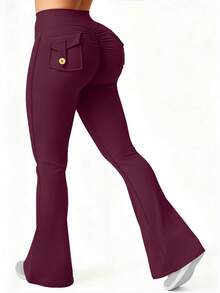6pecil Quần ống loe nữ ngoài trời có túi, quần legging thể thao ôm sát nâng mông dành cho nữ, màu tím đỏ trung bình, mùa xuân. - Màu tím - Xem 11