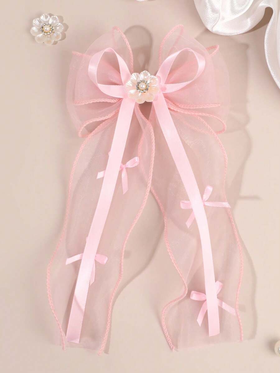 1个粉色薄纱蝴蝶结发夹，透明欧根纱材质，饰有缎带和人造珍珠雏菊，精致发饰，适合春季、婚礼和特殊场合。 - 彩色 - 查看 1