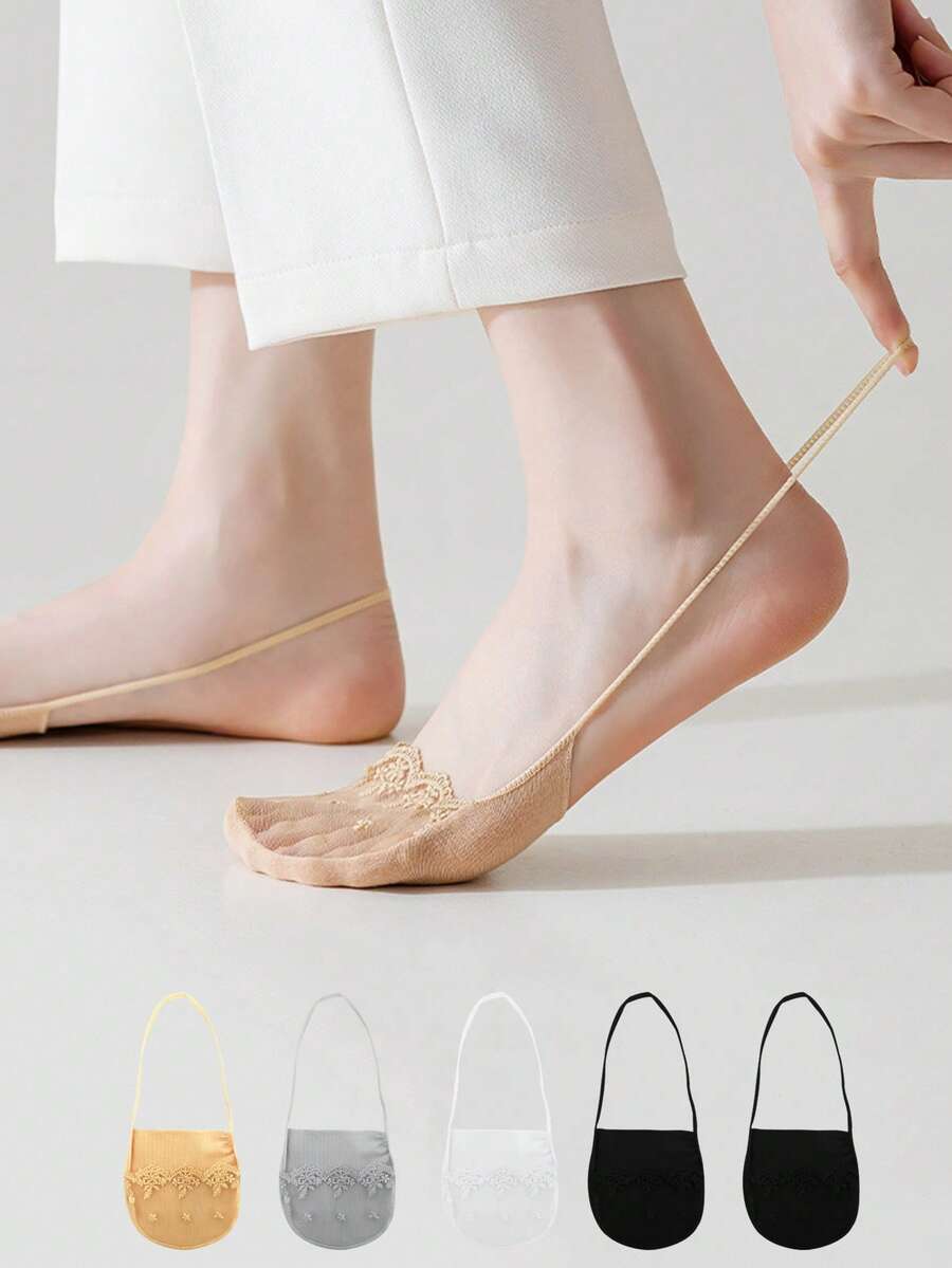 1/5/10 pares de calcetines de barco transparentes de encaje de verano para mujeres, calcetines invisibles ultradelgados de corte bajo con diseño de agarre en el talón para tacones altos